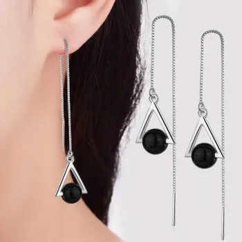Beautiful Triangle Geometric 925 Sterling Silver Jewelry Long Exaggerated Natural Black Crystal Tassel Dangle Earrings  SE315