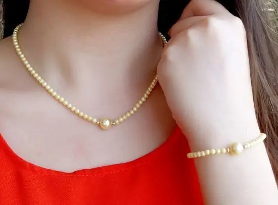 

18 8-9MM NATURAL SOUTH SEA GOLD PEARL NECKLACE 7.5" BRACELET