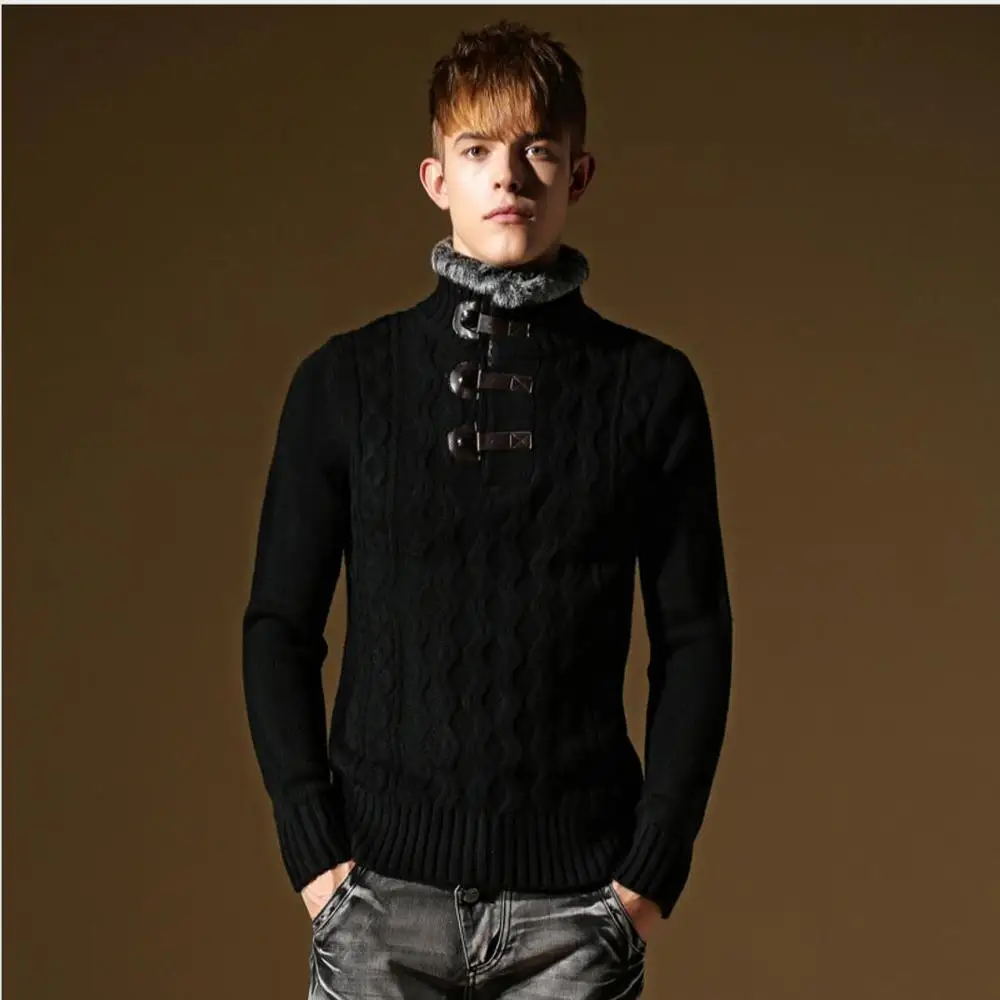 M-3XL, мужской осенний и зимний брендовый плотный свитер с высоким воротником и меховым воротником, кашемировый свитер, теплый пуловер, свитер - Цвет: Черный