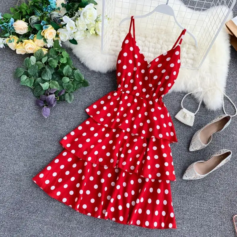 

2019 new fashion women's adult clothing fresh wave school wind V-neck halter waist slimming ruffled strap dress