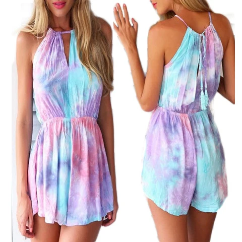 

Summer 2019 Women Jumpsuit Sleeveless Halter Colored Drawing Print Playsuit Overalls Rompers Beach Wear macacao feminino S51210