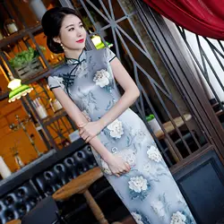 Большой размеры для женщин китайский стиль тонкий Qipao летние атласные пикантные разделение Cheongsam традиционный Вечеринка платье длинное