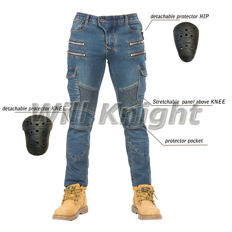 

Riding Motorcycle Jeans Slim Fit Leisure Pants Hidden Side of The Knee Protector Blue