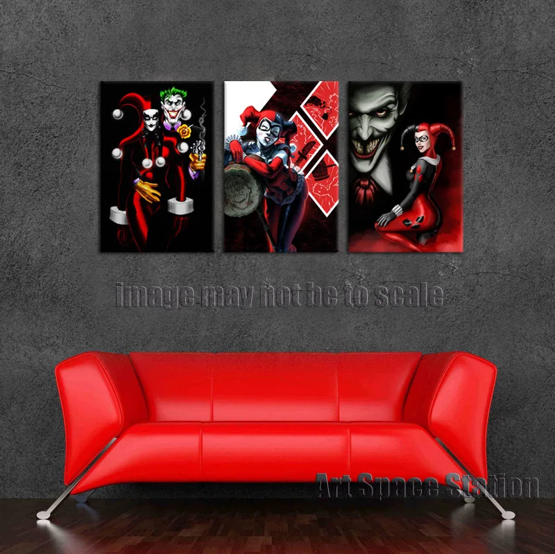 FREE SHIPPING Harley Quinn and The Joker Comics Poster, 3 Piece Cartoon Canvas Wall Pictures