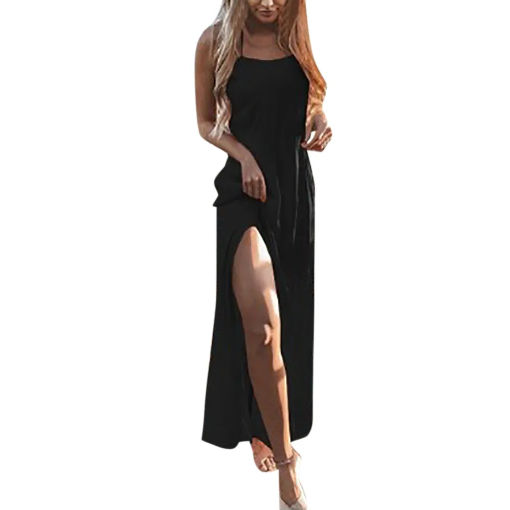 

Summer Long Dress Women Sexy Backless Halter Split Black Dresses Woman Party Night Elegant Sleeveless Maxi Dress