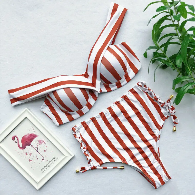 

Women Sexy Striped High-Waisted Swimwear Brazilian Bikini Set Beachwear Swimsuit