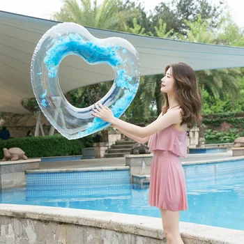 

Inflatable Float Swimming Ring Beach Pool Party Colorful Feather Plume Transparent Heart Shape For Lover Couples Women 70/90