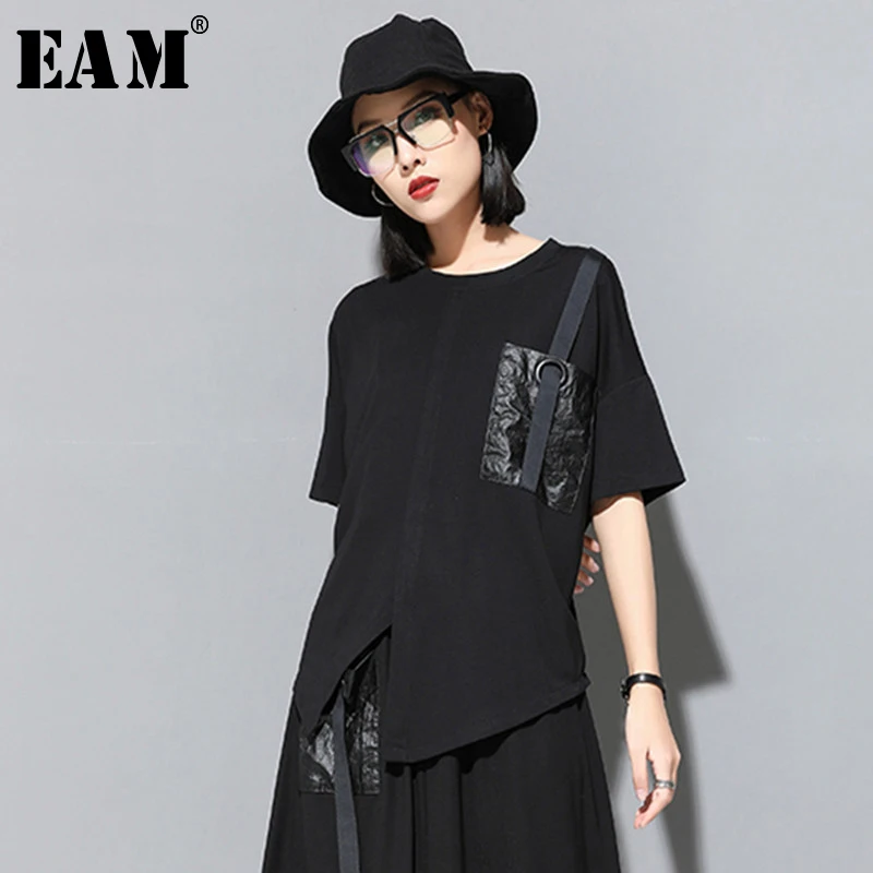 

[EAM] 2019 New Spring Summer Round Neck Short Sleeve Black Pocket Split Joint Irregular Big Size T-shirt Women Fashion JW047
