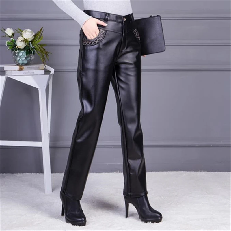 Женские кожаные брюки больших размеров, бархатные брюки с ветровым стеклом, толстые капри из искусственной кожи, женские зимние теплые прямые брюки