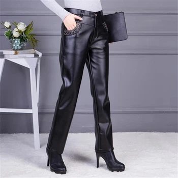 

Woman Plus Size Leather Pants Windshield Plus Velvet Trousers Oversize Pu Thick Capris Female Winter Warm Straight Pantalons