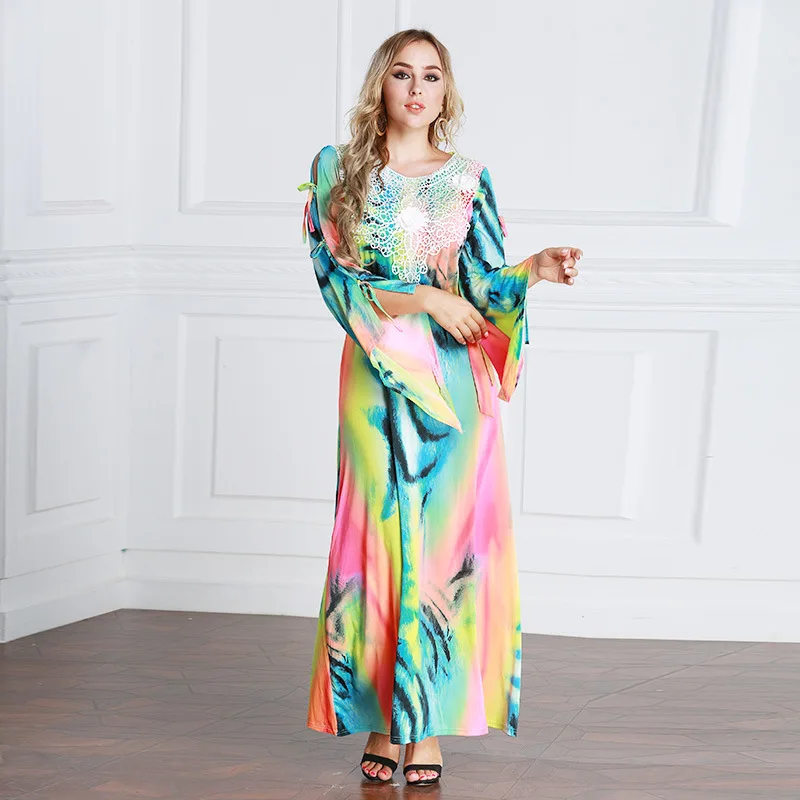 BLINGSTORY модные Цветочный принт исламский халат Ближний Восток Аравия плюс Размеры мусульманское платье Кружева Для женщин S-7XL Drop-доставка