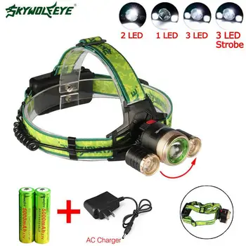 

SKYWOLFEYE Zoomable 22000 LM T6 3 LED Head Light 4 Modes Rechargeable Lamp +AC Charger US +2X 18650 5000mAh Batteries A609
