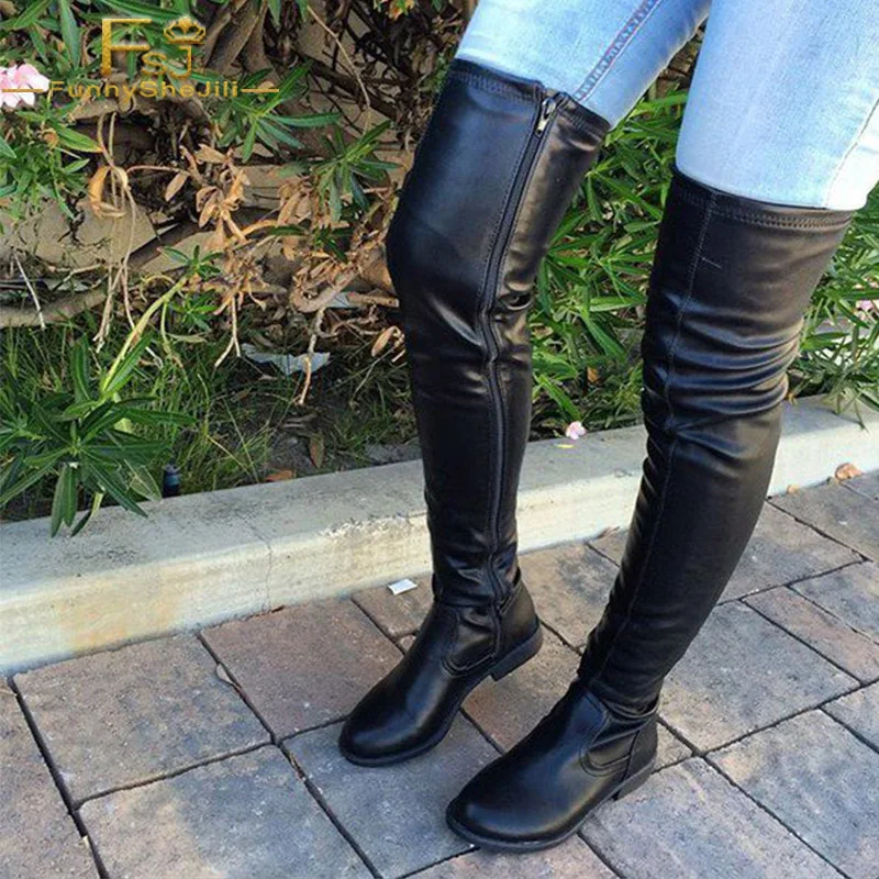 Black Trendy Flat Patent Leather Zip Autumn Winter Work Going Out Polyurethane Round Toe Over-the-knee Long Boots US Size 4-16