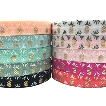 

16mm Gold Pineapple Print Fold Over Elastic Ananas FOE Ribbon 10yards handmade Hair Tie Headband Sewing Accessory