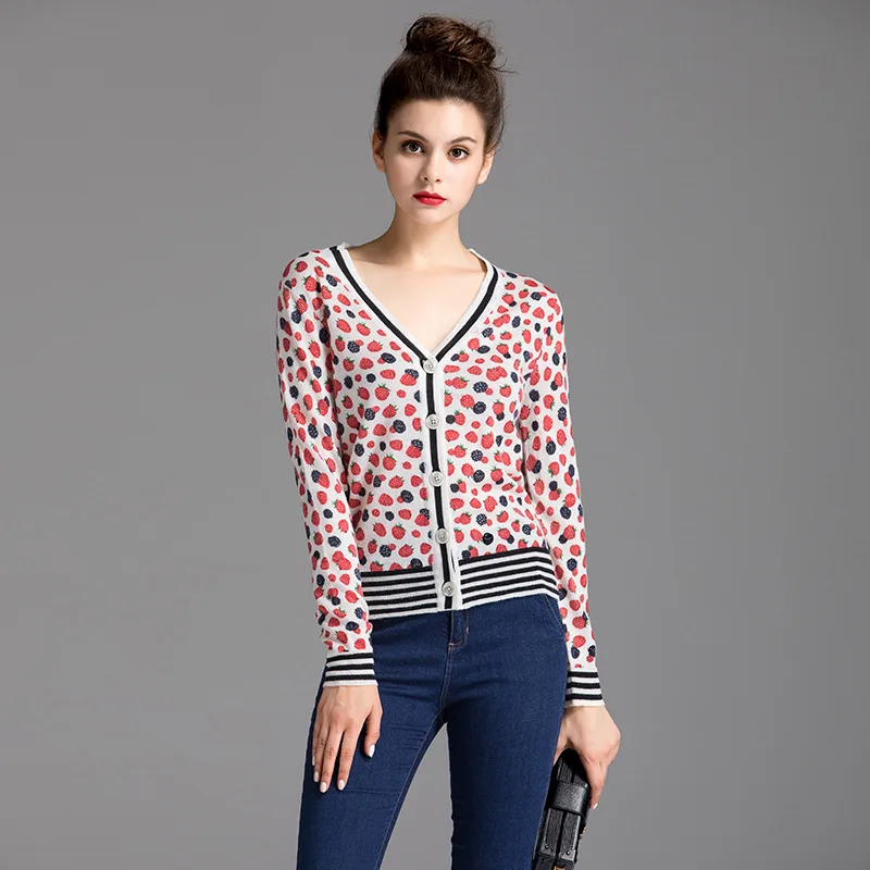 

European Brand High Fashion 2018 Autumn New Fruit Strawberry Printed and Stripe Single Breasted Wool Knit Sweater Short Cardigan