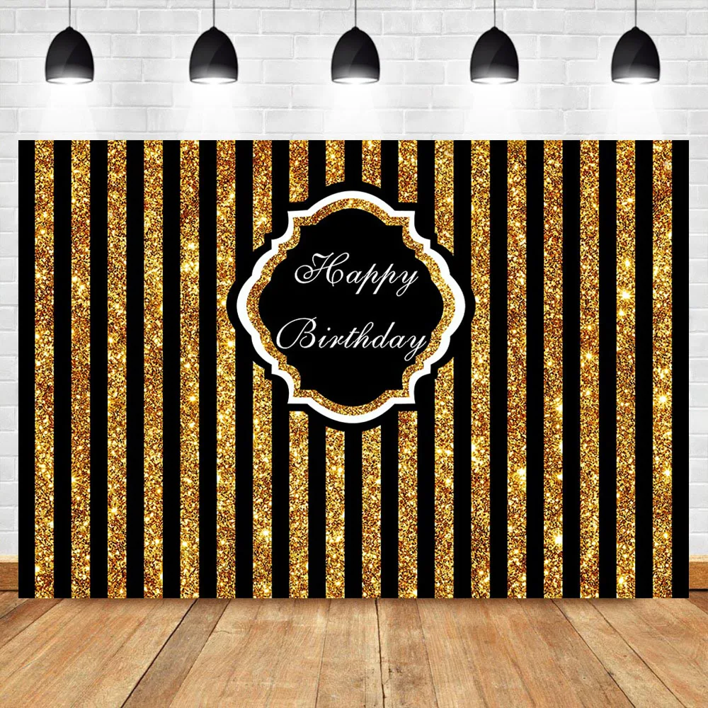 

NeoBack Happy Birthday Backdrop Black and Golden Stripe Birthday Photo Background Custom Wording Vinyl Photography Backdrops