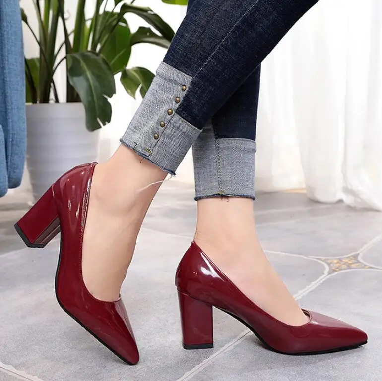 

factory Outlet New Women Pumps Black High heels 7.5cm Lady Patent leather Thick with Autumn Pointed Single Shoes Female Sandals