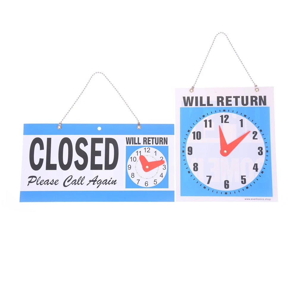 OPEN CLOSED Sign WILL RETURN + CLOCK Business Hours Hanging 2 Sided
