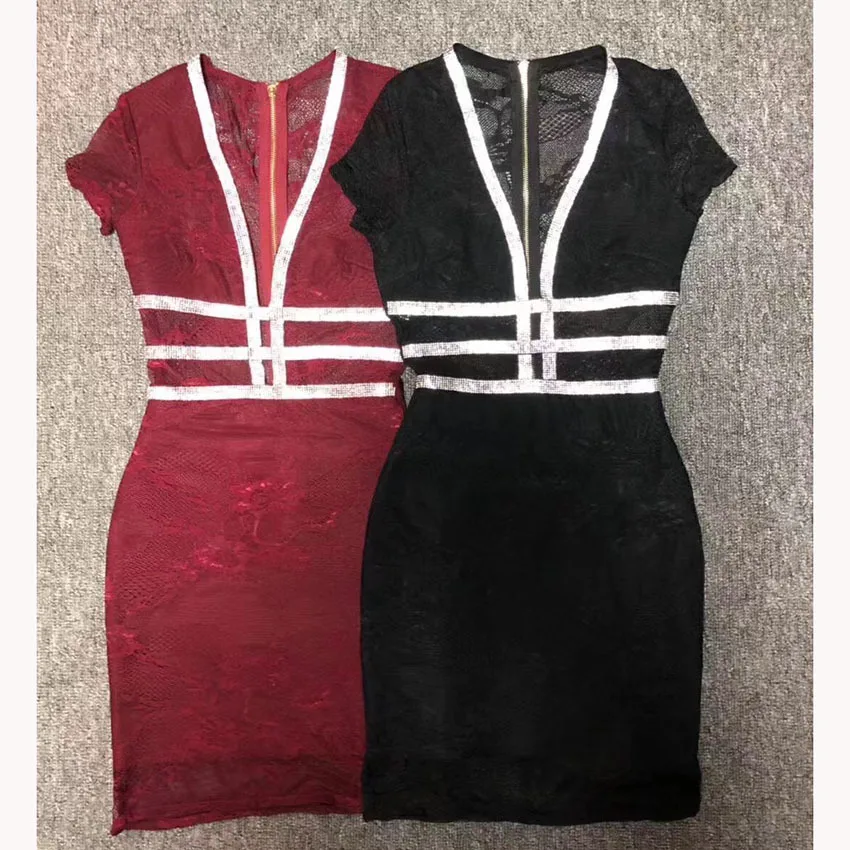 Пикантные блестки Бандажное платье Элегантное с коротким рукавом v-образный вырез Кружевное облегающее в стиле пэтчворк платье знаменитостей vestidos женское платье