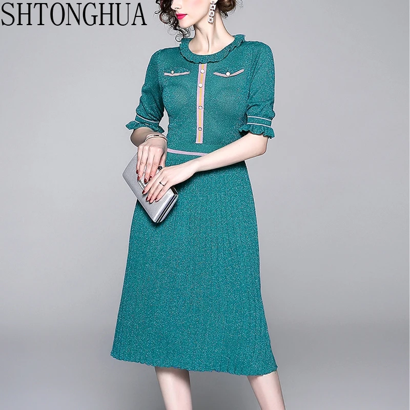 

SHTONGHUA Vintage Ladies Pleated Knit Midi Dress Women Autumn Fashion Green Shinny Party Elegant Mid-Calf Length Sweater Dress