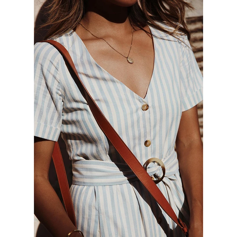 Women Summer Striped Dress Woman Sexy V-neck Short Sleeve Belt Dress Ladies Mid-calf Button Dress Holiday Boho Dresses Sundress
