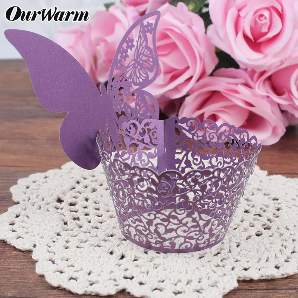 

OurWarm 12pcs Cake Wrap Paper Cupcake Laser Cut Hollow Wrapper Baking Tools Pattern Design Birthday Party DIY Decoration Pink