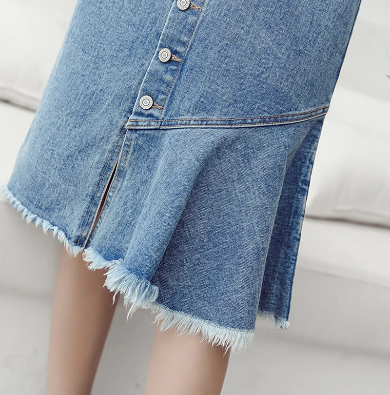 Women Fringed Hem Hip Package Streetwear Skirts Casual Irregular Mid-length Jean Skirt Single Breasted Summer Bottoms