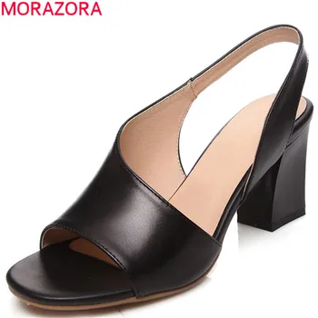 

MORAZORA 2020 genuine leather shoes ladies summer sandals elegant party wedding shoes woman square high heels sandals black