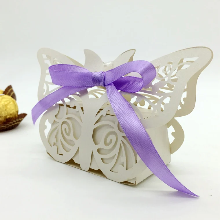 

Free Shipping 10pcs C03W White/Blue Butterfly Laser Wedding Candy Boxes Chocolate box Favour Box With White Ribbon