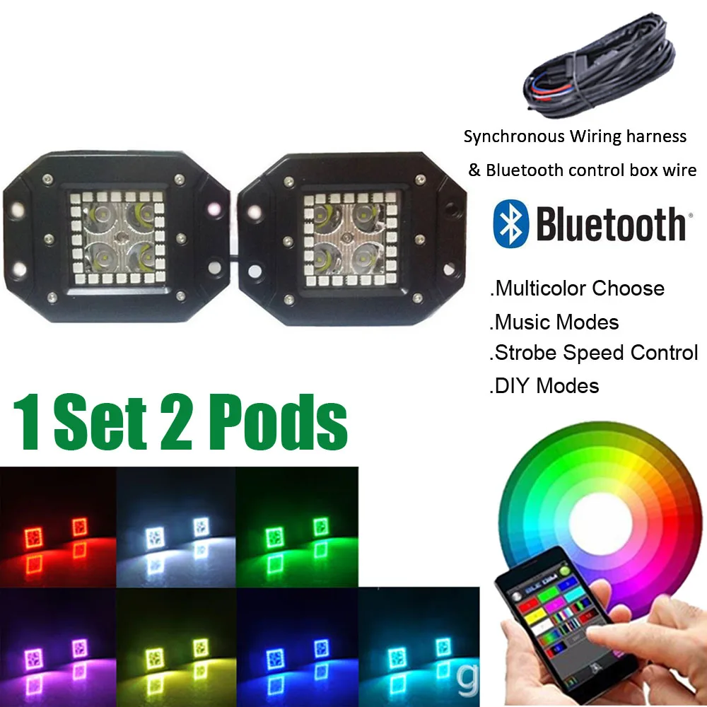 Set 4D 4" Leds Flush mount Led Work Light Bar Pod RGB halo Ring Change Chasing Set 4D 4" Leds Flush mount Led Work Light Bar Pod RGB halo Ring Change Chasing