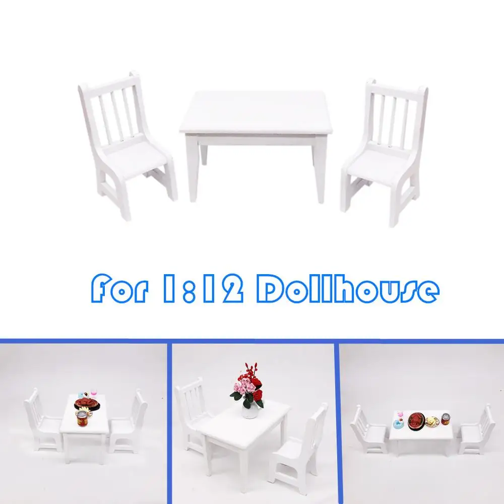  1:12 Dollhouse Miniature Furniture Wooden White Dining Table Chair Model Set Living Room Play Toys 