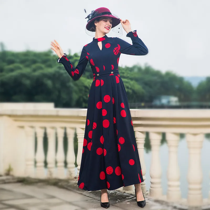 2018 Autumn Winter Long Dress England Style Women Long sleeve Dot Ball