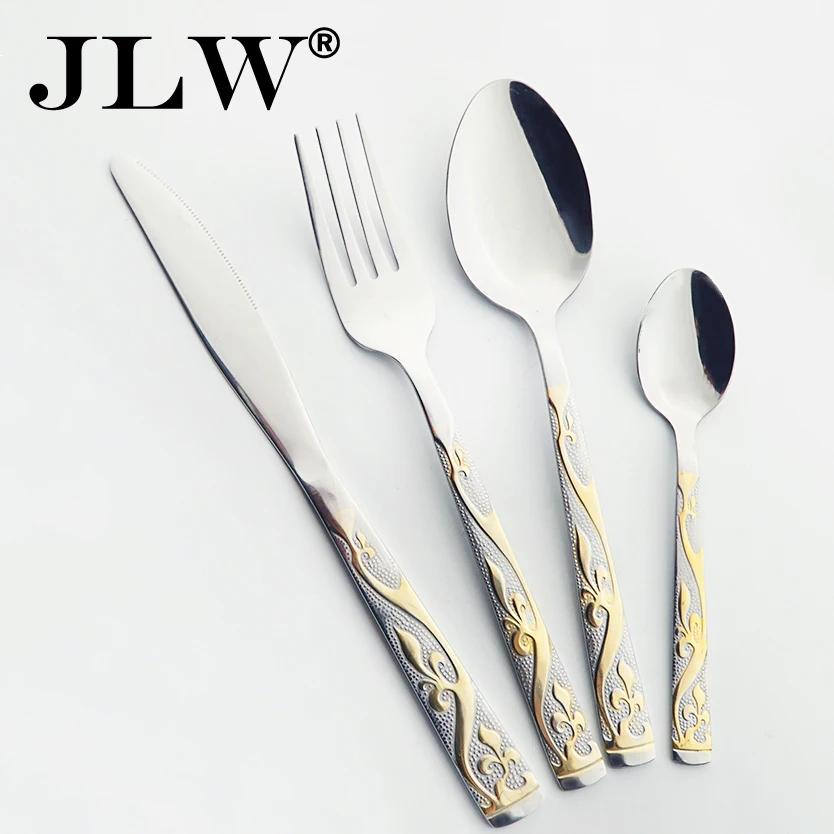 Dinner Knives Cutlery Set Stainless Steel Gold Plated Flower Dinnerware Eco-friendly Dinner Service Tableware 24 Pcs Wholesale
