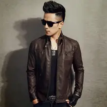 Для мужчин PU кожаная куртка на молнии Новое поступление года осень тонкий короткий Мужской мото кожаная куртка Байкерская для подростков мальчико
