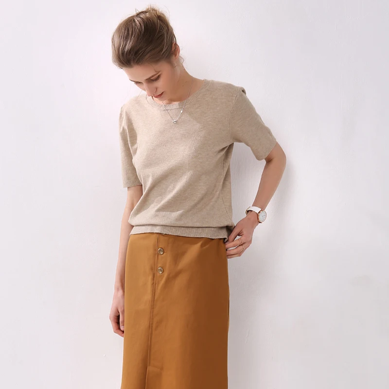 2019 spring and autumn women's large solid wool cashmere sweater short sleeve round-neck sweaters knit sweater computer oversize