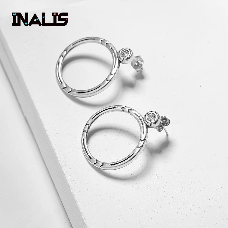 

INALIS New Statement Vintage Drop Earrings S925 Sterling Silver Inlay Single Clear Zirconia Round Circle Dangle Brincos Jewelry