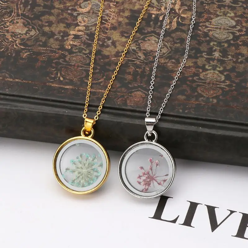 

Round Floating Charm Locket Real Pressed Flower Pendant Necklace Fashion Jewerly