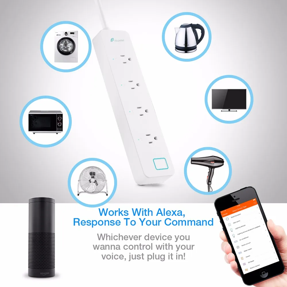 

Surge Protector WiFi Smart Power Strip Socket, Houzetek Smart Home Switch Power Strip with 4 Outlets Work with Alexa