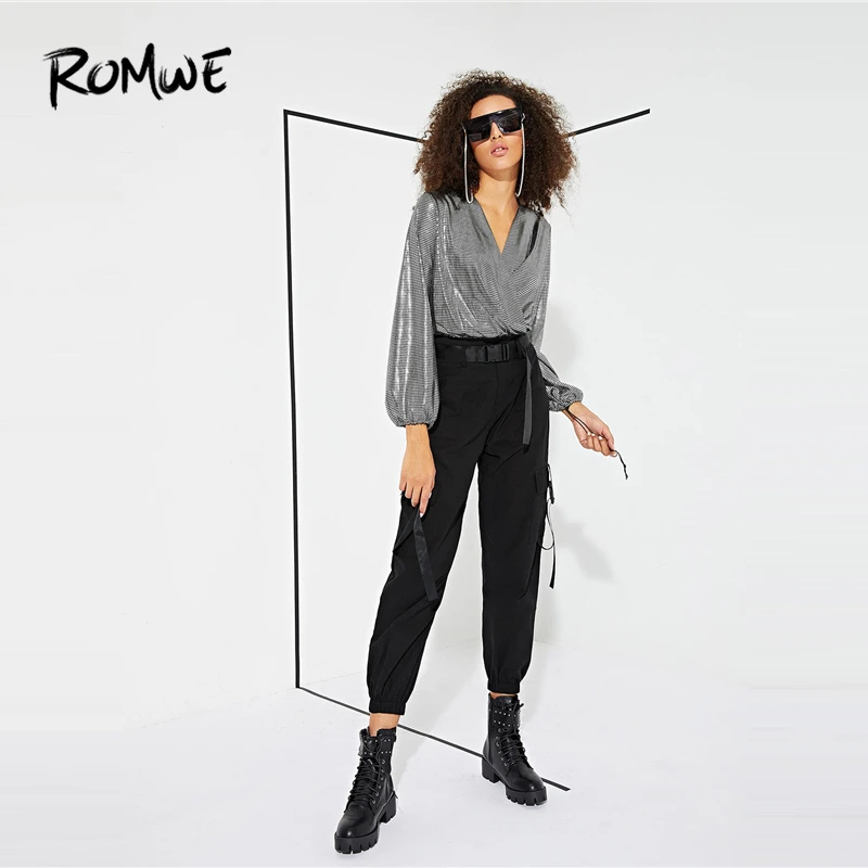 ROMWE Woman Black Crop Cargo Utility Pants With Slashes Fashion Belt High Waist Pockets Detail Pants Spring Casual Trousers