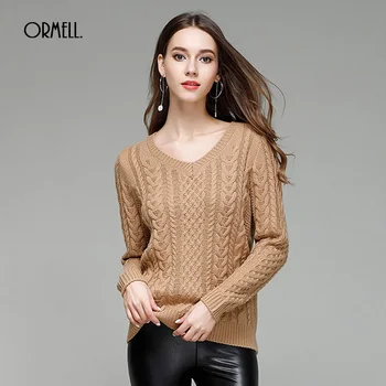 

ORMELL Autumn Winter Women's Warm V Neck Pullover Fashion Female Basic Solid Color Long Sleeve Knitted Soft Sweater For Women