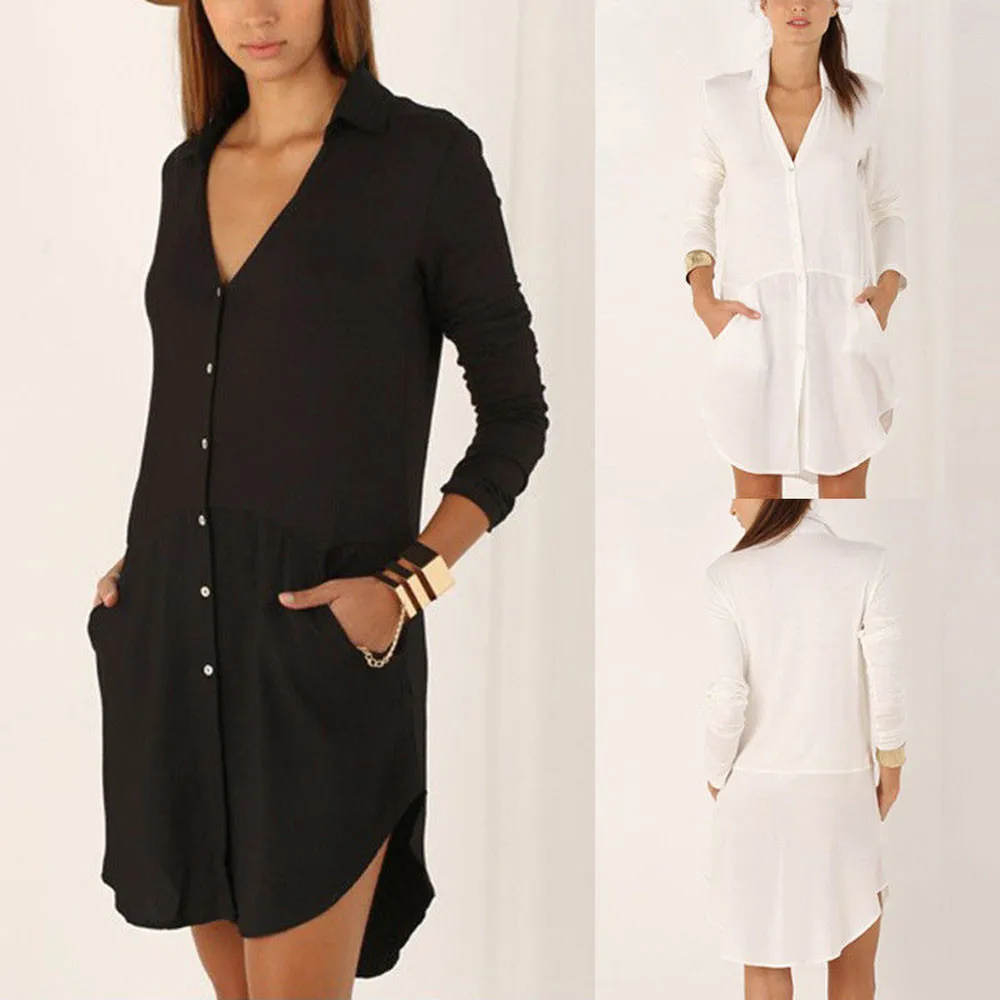 

Women Laides Roll up Long Sleeve Button Down Solid With Pocket durable enought for your daily wearing Mini Dress Gift