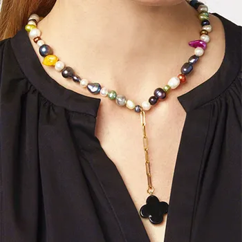 

Bohemian fashion colorful pearl necklace ladies charm jewelry Baroque style four-leaf clover pendant Collier de perles baroques