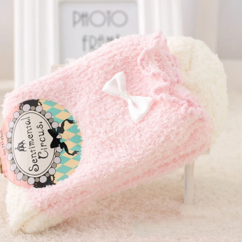 1 Pair Women Warm Socks Candy Color Solid Soft Women Girls Fluffy Socks with Bows Coral Velvet For Princess Holiday Birthday Gifts11