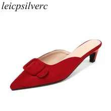 Women Slippers Mules Shoes Summer High Heel Sandals 2018 Spring Outside Casual Slides Pointed Toe Sexy Fashion Black Red Pink sungtin vintage floral embroidery slippers women mules shoes sexy crystal pointed toe slides spring summer velvet slippers