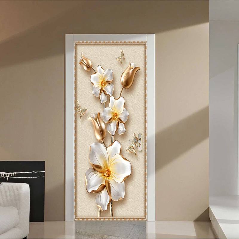 European Style 3D Stereo Relief Flowers Photo Wall Mural Door Sticker Living Room Bedroom PVC Self-Adhesive Waterproof Wallpaper custom mural wallpaper 3d european three dimensional relief golden couple architectural background wall mural