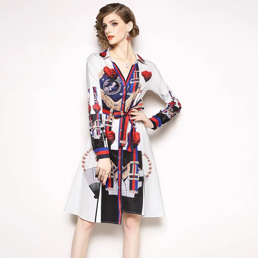 

Design Runway Women Print Dress 2019 Spring Autumn New Fashion Retro Long Sleeves V Neck Shirt Dress Female Party Vintage