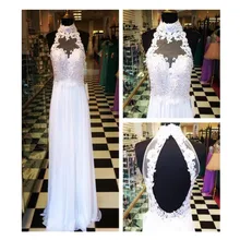 2016 Chic A-Line High Neck Hohl Zurück Bodenlangen abendkleid Mit Applikationen Kristall Weißen Abendkleid Vestido De Noche