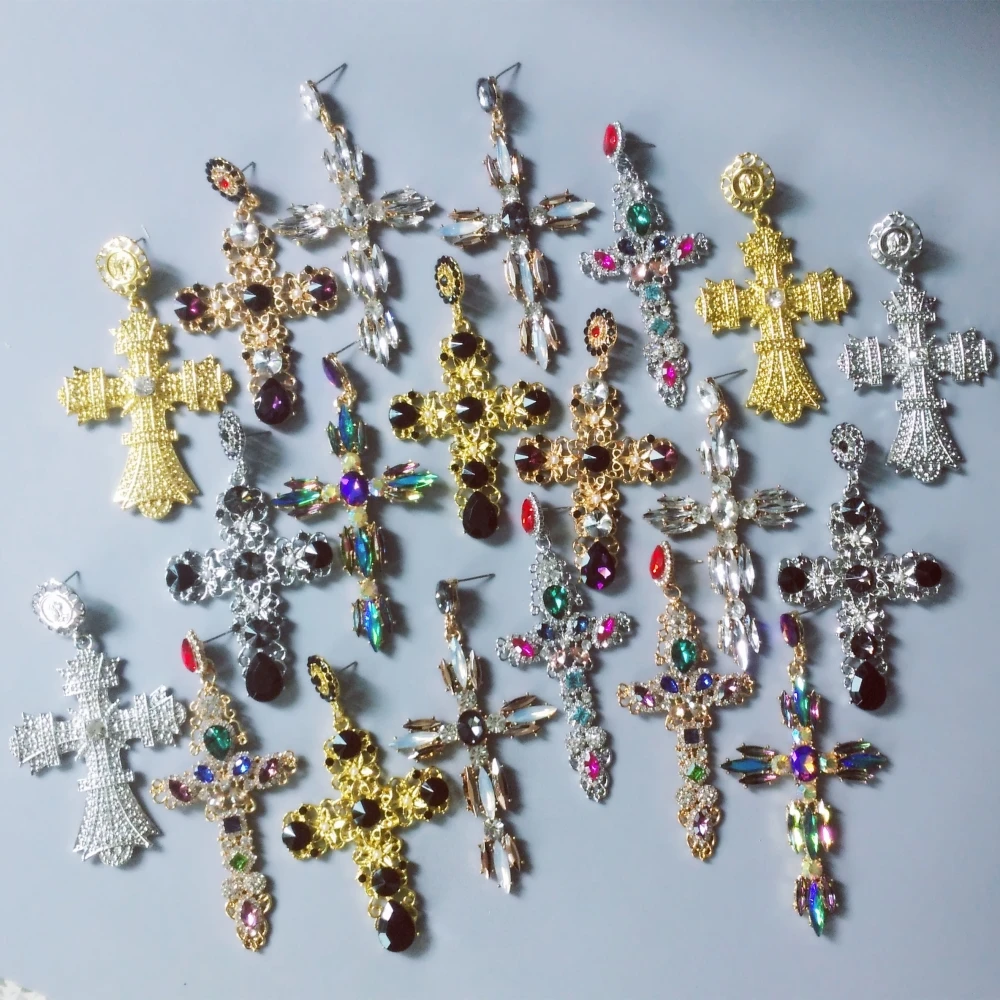 JURAN Women Fashion Vintage Crystal Gold Cross Earring Sweet Metal With Gems Dangle Earrings For Women Accessories Brincos