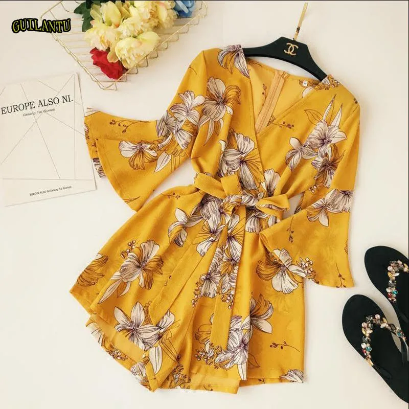 

Fashion Floral Print Short Playsuits Women Casual Bow Wide Leg Jumpsuit Female Lace Up Bandage Yellow Romper Ladies Summer Beach