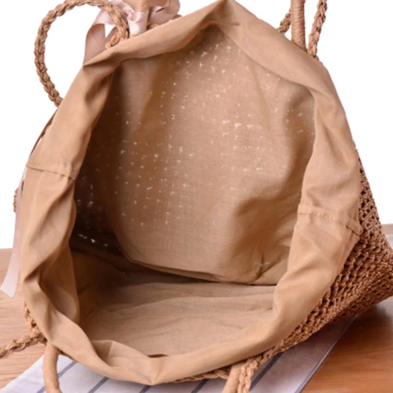 

Women Handbag Straw Weave Shoulder Bag Ribbon Bow Beach Travel Girl Casual Bags -OPK
